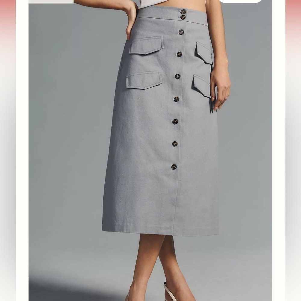 Anthropology Mare Mare Gray Utility MIDI Skirt with front buttons sz XS NWT - Picture 2 of 10